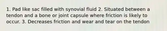 1. Pad like sac filled with synovial fluid 2. Situated between a tendon and a bone or joint capsule where friction is likely to occur. 3. Decreases friction and wear and tear on the tendon