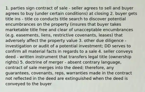 1. parties sign contract of sale - seller agrees to sell and buyer agrees to buy (under certain conditions) at closing 2. buyer gets title ins - title co conducts title search to discover potential encumbrances on the property (insures that buyer takes marketable title free and clear of unacceptable encumbrances (e.g. easements, liens, restrictive covenants, leases) that adversely affect the property value 3. other due diligence - investigation or audit of a potential investment; DD serves to confirm all material facts in regards to a sale 4. seller conveys deed - written instrument that transfers legal title (ownership rights) 5. doctrine of merger - absent contrary language, contract of sale merges into the deed; therefore, any guarantees, covenants, reps, warranties made in the contract not reflected in the deed are extinguished when the deed is conveyed to the buyer