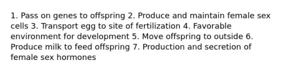 1. Pass on genes to offspring 2. Produce and maintain female sex cells 3. Transport egg to site of fertilization 4. Favorable environment for development 5. Move offspring to outside 6. Produce milk to feed offspring 7. Production and secretion of female sex hormones