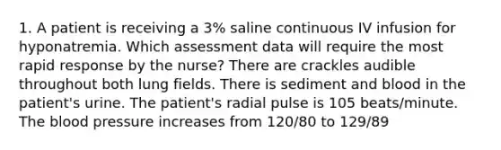 1. A patient is receiving a 3% saline continuous IV infusion for hyponatremia. Which assessment data will require the most rapid response by the nurse? There are crackles audible throughout both lung fields. There is sediment and blood in the patient's urine. The patient's radial pulse is 105 beats/minute. The blood pressure increases from 120/80 to 129/89