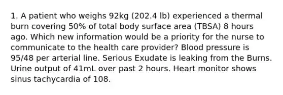 1. A patient who weighs 92kg (202.4 lb) experienced a thermal burn covering 50% of total body <a href='https://www.questionai.com/knowledge/kEtsSAPENL-surface-area' class='anchor-knowledge'>surface area</a> (TBSA) 8 hours ago. Which new information would be a priority for the nurse to communicate to the health care provider? <a href='https://www.questionai.com/knowledge/kD0HacyPBr-blood-pressure' class='anchor-knowledge'>blood pressure</a> is 95/48 per arterial line. Serious Exudate is leaking from the Burns. Urine output of 41mL over past 2 hours. Heart monitor shows sinus tachycardia of 108.