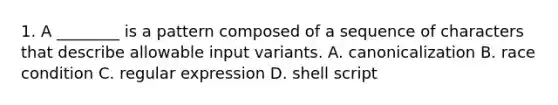 1. A ________ is a pattern composed of a sequence of characters that describe allowable input variants. A. canonicalization B. race condition C. regular expression D. shell script