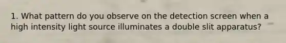 1. What pattern do you observe on the detection screen when a high intensity light source illuminates a double slit apparatus?