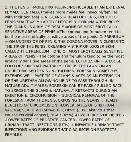 1. THE PENIS =MORE PROTRUSIVE/NOTICEABLE THAN EXTERNAL FEMALE GENITALIA (makes more males feel insecure/familiar with their penises) = A. GLANS = HEAD OF PENIS, ON TOP OF PENIS SHAFT =SIMILAR TO CLITORIS B. CORONA = ENCIRCLES THE GLANS, IS A RIM OF TISSUE =ONE OF MOST EROTICALLY SENSITIVE AREAS OF PENIS =<a href='https://www.questionai.com/knowledge/kUSHhCSdkt-the-corona' class='anchor-knowledge'>the corona</a> and frenulum tend to be the most erotically sensitive areas of the penis. C. FRENULUM = ON UNDERSIDE OF PENIS, THE CORONA MOVES IN CLOSER TO THE TIP OF THE PENIS, CREATING A STRIP OF LOOSER SKIN CALLED THE FRENULUM =ONE OF MOST EROTICALLY SENSITIVE AREAS OF PENIS =The corona and frenulum tend to be the most erotically sensitive areas of the penis. D. FORESKIN = A LOOSE FOLD OF SKIN THAT PARTIALLY COVERS THE GLANS IN AN UNCIRCUMCISED PENIS -IN CHILDREN: FORESKIN SOMETIMES EXTENDS WELL PAST TIP OF GLANS & ACTS AS AN EXTENSION OF THE URETHRA ALLOWING URINE TO PASS THROUGH -IN MATURE ADULT MALES: FORESKIN CAN BE EASILY PULLED BACK TO EXPOSE THE GLANS & NATURALLY RETRACTS DURING AN ERECTION E. CIRCUMCISION = SURGICAL REMOVAL OF THE FORESKIN FROM THE PENIS, EXPOSING THE GLANS F. HEALTH BENEFITS OF CIRCUMCISION: -LOWER RATES OF STIs FROM VAGINAL SEX: HIV!! (50%-60%), HPV!! (30%, aka virus that causes cervical cancer), HSV!! (45%) -LOWER RATES OF HERPES -LOWER RATES OF PROSTATE CANCER -LOWER RATES OF URINARY TRACT INFECTIONS (UTIs) + INFANTILE URINARY TRACT INFECTIONS =NO EVIDENCE THAT CIRCUMCISION PROTECTS FEMALES