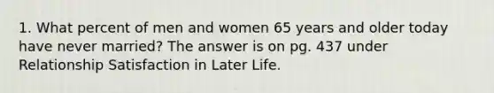 1. What percent of men and women 65 years and older today have never married? The answer is on pg. 437 under Relationship Satisfaction in Later Life.