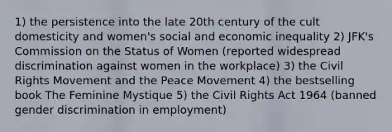 1) the persistence into the late 20th century of the cult domesticity and women's social and economic inequality 2) JFK's Commission on the Status of Women (reported widespread discrimination against women in the workplace) 3) the Civil Rights Movement and the Peace Movement 4) the bestselling book The Feminine Mystique 5) the Civil Rights Act 1964 (banned gender discrimination in employment)