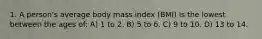 1. A person's average body mass index (BMI) is the lowest between the ages of: A) 1 to 2. B) 5 to 6. C) 9 to 10. D) 13 to 14.