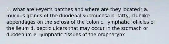 1. What are Peyer's patches and where are they located? a. mucous glands of the duodenal submucosa b. fatty, clublike appendages on the serosa of the colon c. lymphatic follicles of the ileum d. peptic ulcers that may occur in the stomach or duodenum e. lymphatic tissues of the oropharynx