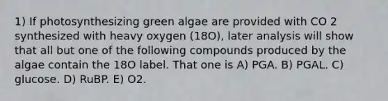 1) If photosynthesizing green algae are provided with CO 2 synthesized with heavy oxygen (18O), later analysis will show that all but one of the following compounds produced by the algae contain the 18O label. That one is A) PGA. B) PGAL. C) glucose. D) RuBP. E) O2.