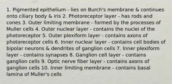 1. Pigmented epithelium - lies on Burch's membrane & continues onto ciliary body & iris 2. Photoreceptor layer - has rods and cones 3. Outer limiting membrane - formed by the processes of Muller cells 4. Outer nuclear layer - contains the nuclei of the photoreceptor 5. Outer plexiform layer - contains axons of photoreceptor cells 6. Inner nuclear layer - contains cell bodies of bipolar neurons & dendrites of ganglion cells 7. Inner plexiform layer - contains synapses 8. Ganglion cell layer - contains ganglion cells 9. Optic nerve fiber layer - contains axons of ganglion cells 10. Inner limiting membrane - contains basal lamina of Muller's cells