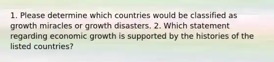 1. Please determine which countries would be classified as growth miracles or growth disasters. 2. Which statement regarding economic growth is supported by the histories of the listed countries?