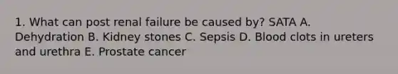 1. What can post renal failure be caused by? SATA A. Dehydration B. Kidney stones C. Sepsis D. Blood clots in ureters and urethra E. Prostate cancer