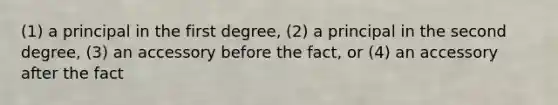 (1) a principal in the first degree, (2) a principal in the second degree, (3) an accessory before the fact, or (4) an accessory after the fact