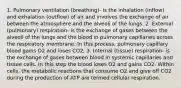 1. Pulmonary ventilation (breathing)- is the inhalation (inflow) and exhalation (outflow) of air and involves the exchange of air between the atmosphere and the alveoli of the lungs. 2. External (pulmonary) respiration- is the exchange of gases between the alveoli of the lungs and the blood in pulmonary capillaries across the respiratory membrane. In this process, pulmonary capillary blood gains O2 and loses CO2. 3. Internal (tissue) respiration- is the exchange of gases between blood in systemic capillaries and tissue cells. In this step the blood loses O2 and gains CO2. Within cells, the metabolic reactions that consume O2 and give off CO2 during the production of ATP are termed cellular respiration.