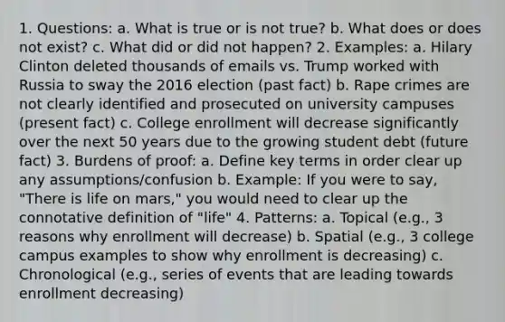 1. Questions: a. What is true or is not true? b. What does or does not exist? c. What did or did not happen? 2. Examples: a. Hilary Clinton deleted thousands of emails vs. Trump worked with Russia to sway the 2016 election (past fact) b. Rape crimes are not clearly identified and prosecuted on university campuses (present fact) c. College enrollment will decrease significantly over the next 50 years due to the growing student debt (future fact) 3. Burdens of proof: a. Define key terms in order clear up any assumptions/confusion b. Example: If you were to say, "There is life on mars," you would need to clear up the connotative definition of "life" 4. Patterns: a. Topical (e.g., 3 reasons why enrollment will decrease) b. Spatial (e.g., 3 college campus examples to show why enrollment is decreasing) c. Chronological (e.g., series of events that are leading towards enrollment decreasing)