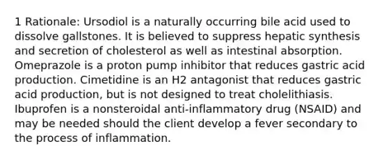 1 Rationale: Ursodiol is a naturally occurring bile acid used to dissolve gallstones. It is believed to suppress hepatic synthesis and secretion of cholesterol as well as intestinal absorption. Omeprazole is a proton pump inhibitor that reduces gastric acid production. Cimetidine is an H2 antagonist that reduces gastric acid production, but is not designed to treat cholelithiasis. Ibuprofen is a nonsteroidal anti-inflammatory drug (NSAID) and may be needed should the client develop a fever secondary to the process of inflammation.