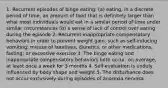 1. Recurrent episodes of binge eating: (a) eating, in a discrete period of time, an amount of food that is definitely larger than what most individuals would eat in a similar period of time under similar circumstances (b) a sense of lack of control over eating during the episode 2. Recurrent inappropriate compensatory behaviors in order to prevent weight gain, such as self-inducing vomiting; misuse of laxatives, diuretics, or other medications; fasting; or excessive exercise 3. The binge eating and inappropriate compensatory behaviors both occur, on average, at least once a week for 3 months 4. Self-evaluation is unduly influenced by body shape and weight 5. The disturbance does not occur exclusively during episodes of anorexia nervosa