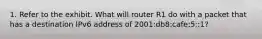 1. Refer to the exhibit. What will router R1 do with a packet that has a destination IPv6 address of 2001:db8:cafe:5::1?