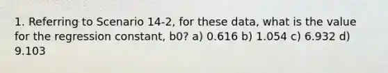 1. Referring to Scenario 14-2, for these data, what is the value for the regression constant, b0? a) 0.616 b) 1.054 c) 6.932 d) 9.103