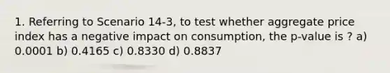 1. Referring to Scenario 14-3, to test whether aggregate price index has a negative impact on consumption, the p-value is ? a) 0.0001 b) 0.4165 c) 0.8330 d) 0.8837