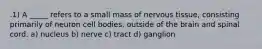 .1) A _____ refers to a small mass of nervous tissue, consisting primarily of neuron cell bodies, outside of the brain and spinal cord. a) nucleus b) nerve c) tract d) ganglion