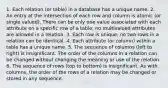 1. Each relation (or table) in a database has a unique name. 2. An entry at the intersection of each row and column is atomic (or single valued). There can be only one value associated with each attribute on a specific row of a table; no multivalued attributes are allowed in a relation. 3. Each row is unique; no two rows in a relation can be identical. 4. Each attribute (or column) within a table has a unique name. 5. The sequence of columns (left to right) is insignificant. The order of the columns in a relation can be changed without changing the meaning or use of the relation. 6. The sequence of rows (top to bottom) is insignificant. As with columns, the order of the rows of a relation may be changed or stored in any sequence.