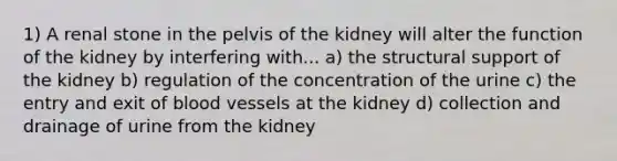 1) A renal stone in the pelvis of the kidney will alter the function of the kidney by interfering with... a) the structural support of the kidney b) regulation of the concentration of the urine c) the entry and exit of blood vessels at the kidney d) collection and drainage of urine from the kidney