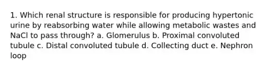 1. Which renal structure is responsible for producing hypertonic urine by reabsorbing water while allowing metabolic wastes and NaCl to pass through? a. Glomerulus b. Proximal convoluted tubule c. Distal convoluted tubule d. Collecting duct e. Nephron loop