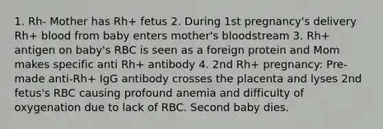 1. Rh- Mother has Rh+ fetus 2. During 1st pregnancy's delivery Rh+ blood from baby enters mother's bloodstream 3. Rh+ antigen on baby's RBC is seen as a foreign protein and Mom makes specific anti Rh+ antibody 4. 2nd Rh+ pregnancy: Pre-made anti-Rh+ IgG antibody crosses the placenta and lyses 2nd fetus's RBC causing profound anemia and difficulty of oxygenation due to lack of RBC. Second baby dies.