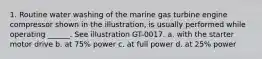 1. Routine water washing of the marine gas turbine engine compressor shown in the illustration, is usually performed while operating ______. See illustration GT-0017. a. with the starter motor drive b. at 75% power c. at full power d. at 25% power