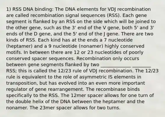 1) RSS DNA binding: The DNA elements for VDJ recombination are called recombination signal sequences (RSS). Each gene segment is flanked by an RSS on the side which will be joined to the other gene, such as the 3' end of the V gene, both 5' and 3' ends of the D gene, and the 5' end of the J gene. There are two kinds of RSS. Each kind has at the ends a 7 nucleotide (heptamer) and a 9 nucleotide (nonamer) highly conserved motifs. In between there are 12 or 23 nucleotides of poorly conserved spacer sequences. Recombination only occurs between gene segments flanked by two _____________ ________ RSS; this is called the 12/23 rule of VDJ recombination. The 12/23 rule is equivalent to the role of asymmetric IS elements in transposition, but has evolved into an even more important regulator of gene rearrangement. The recombinase binds specifically to the RSS. The 12mer spacer allows for one turn of the double helix of the DNA between the heptamer and the nonamer. The 23mer spacer allows for two turns.