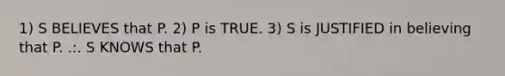 1) S BELIEVES that P. 2) P is TRUE. 3) S is JUSTIFIED in believing that P. .:. S KNOWS that P.