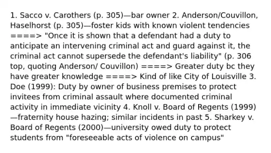 1. Sacco v. Carothers (p. 305)—bar owner 2. Anderson/Couvillon, Haselhorst (p. 305)—foster kids with known violent tendencies ====> "Once it is shown that a defendant had a duty to anticipate an intervening criminal act and guard against it, the criminal act cannot supersede the defendant's liability" (p. 306 top, quoting Anderson/ Couvillon) ====> Greater duty bc they have greater knowledge ====> Kind of like City of Louisville 3. Doe (1999): Duty by owner of business premises to protect invitees from criminal assault where documented criminal activity in immediate vicinity 4. Knoll v. Board of Regents (1999)—fraternity house hazing; similar incidents in past 5. Sharkey v. Board of Regents (2000)—university owed duty to protect students from "foreseeable acts of violence on campus"