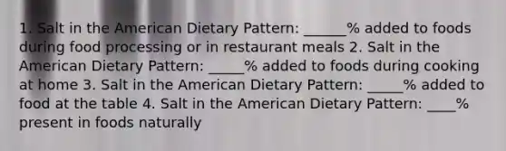 1. Salt in the American Dietary Pattern: ______% added to foods during food processing or in restaurant meals 2. Salt in the American Dietary Pattern: _____% added to foods during cooking at home 3. Salt in the American Dietary Pattern: _____% added to food at the table 4. Salt in the American Dietary Pattern: ____% present in foods naturally