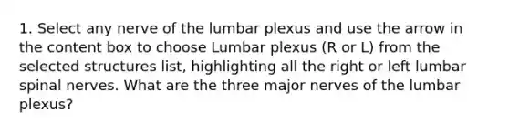 1. Select any nerve of the lumbar plexus and use the arrow in the content box to choose Lumbar plexus (R or L) from the selected structures list, highlighting all the right or left lumbar spinal nerves. What are the three major nerves of the lumbar plexus?