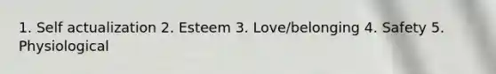 1. Self actualization 2. Esteem 3. Love/belonging 4. Safety 5. Physiological