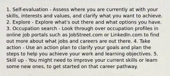 1. Self-evaluation - Assess where you are currently at with your skills, interests and values, and clarify what you want to achieve. 2. Explore - Explore what's out there and what options you have. 3. Occupation search - Look through over occupation profiles in online job portals such as JobStreet.com or LinkedIn.com to find out more about what jobs and careers are out there. 4. Take action - Use an action plan to clarify your goals and plan the steps to help you achieve your work and learning objectives. 5. Skill up - You might need to improve your current skills or learn some new ones, to get started on that career pathway.