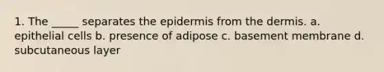 1. The _____ separates the epidermis from the dermis. a. epithelial cells b. presence of adipose c. basement membrane d. subcutaneous layer