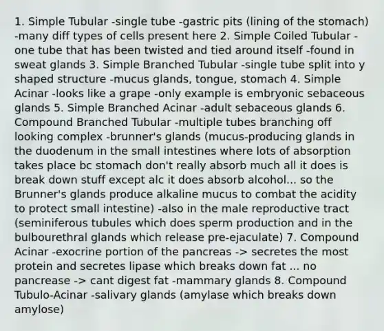 1. Simple Tubular -single tube -gastric pits (lining of the stomach) -many diff types of cells present here 2. Simple Coiled Tubular -one tube that has been twisted and tied around itself -found in sweat glands 3. Simple Branched Tubular -single tube split into y shaped structure -mucus glands, tongue, stomach 4. Simple Acinar -looks like a grape -only example is embryonic sebaceous glands 5. Simple Branched Acinar -adult sebaceous glands 6. Compound Branched Tubular -multiple tubes branching off looking complex -brunner's glands (mucus-producing glands in the duodenum in the small intestines where lots of absorption takes place bc stomach don't really absorb much all it does is break down stuff except alc it does absorb alcohol... so the Brunner's glands produce alkaline mucus to combat the acidity to protect small intestine) -also in the male reproductive tract (seminiferous tubules which does sperm production and in the bulbourethral glands which release pre-ejaculate) 7. Compound Acinar -exocrine portion of the pancreas -> secretes the most protein and secretes lipase which breaks down fat ... no pancrease -> cant digest fat -mammary glands 8. Compound Tubulo-Acinar -salivary glands (amylase which breaks down amylose)