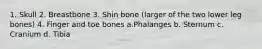 1. Skull 2. Breastbone 3. Shin bone (larger of the two lower leg bones) 4. Finger and toe bones a.Phalanges b. Sternum c. Cranium d. Tibia