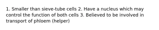 1. Smaller than sieve-tube cells 2. Have a nucleus which may control the function of both cells 3. Believed to be involved in transport of phloem (helper)