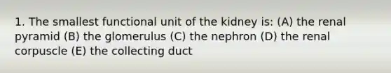 1. The smallest functional unit of the kidney is: (A) the renal pyramid (B) the glomerulus (C) the nephron (D) the renal corpuscle (E) the collecting duct