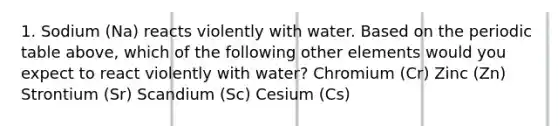 1. Sodium (Na) reacts violently with water. Based on the periodic table above, which of the following other elements would you expect to react violently with water? Chromium (Cr) Zinc (Zn) Strontium (Sr) Scandium (Sc) Cesium (Cs)