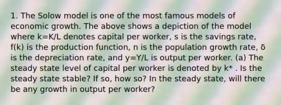 1. The Solow model is one of the most famous models of economic growth. The above shows a depiction of the model where k=K/L denotes capital per worker, s is the savings rate, f(k) is the production function, n is the population growth rate, δ is the depreciation rate, and y=Y/L is output per worker. (a) The steady state level of capital per worker is denoted by k* . Is the steady state stable? If so, how so? In the steady state, will there be any growth in output per worker?