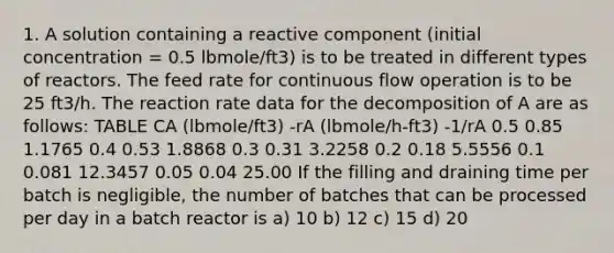 1. A solution containing a reactive component (initial concentration = 0.5 lbmole/ft3) is to be treated in different types of reactors. The feed rate for continuous flow operation is to be 25 ft3/h. The reaction rate data for the decomposition of A are as follows: TABLE CA (lbmole/ft3) -rA (lbmole/h-ft3) -1/rA 0.5 0.85 1.1765 0.4 0.53 1.8868 0.3 0.31 3.2258 0.2 0.18 5.5556 0.1 0.081 12.3457 0.05 0.04 25.00 If the filling and draining time per batch is negligible, the number of batches that can be processed per day in a batch reactor is a) 10 b) 12 c) 15 d) 20