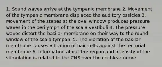 1. Sound waves arrive at the tympanic membrane 2. Movement of the tympanic membrane displaced the auditory ossicles 3. Movement of the stapes at the oval window produces pressure waves in the perilymph of the scala vestibuli 4. The pressure waves distort the basilar membrane on their way to the round window of the scala tympani 5. The vibration of the basilar membrane causes vibration of hair cells against the tectorial membrane 6. Information about the region and intensity of the stimulation is related to the CNS over the cochlear nerve