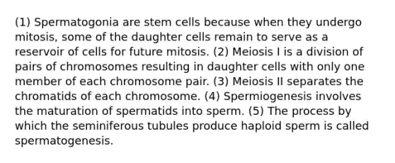 (1) Spermatogonia are stem cells because when they undergo mitosis, some of the daughter cells remain to serve as a reservoir of cells for future mitosis. (2) Meiosis I is a division of pairs of chromosomes resulting in daughter cells with only one member of each chromosome pair. (3) Meiosis II separates the chromatids of each chromosome. (4) Spermiogenesis involves the maturation of spermatids into sperm. (5) The process by which the seminiferous tubules produce haploid sperm is called spermatogenesis.