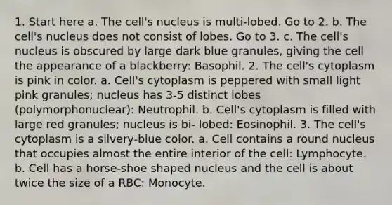 1. Start here a. The cell's nucleus is multi-lobed. Go to 2. b. The cell's nucleus does not consist of lobes. Go to 3. c. The cell's nucleus is obscured by large dark blue granules, giving the cell the appearance of a blackberry: Basophil. 2. The cell's cytoplasm is pink in color. a. Cell's cytoplasm is peppered with small light pink granules; nucleus has 3-5 distinct lobes (polymorphonuclear): Neutrophil. b. Cell's cytoplasm is filled with large red granules; nucleus is bi- lobed: Eosinophil. 3. The cell's cytoplasm is a silvery-blue color. a. Cell contains a round nucleus that occupies almost the entire interior of the cell: Lymphocyte. b. Cell has a horse-shoe shaped nucleus and the cell is about twice the size of a RBC: Monocyte.