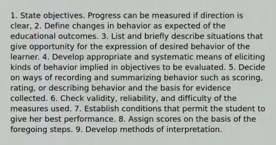 1. State objectives. Progress can be measured if direction is clear, 2. Define changes in behavior as expected of the educational outcomes. 3. List and briefly describe situations that give opportunity for the expression of desired behavior of the learner. 4. Develop appropriate and systematic means of eliciting kinds of behavior implied in objectives to be evaluated. 5. Decide on ways of recording and summarizing behavior such as scoring, rating, or describing behavior and the basis for evidence collected. 6. Check validity, reliability, and difficulty of the measures used. 7. Establish conditions that permit the student to give her best performance. 8. Assign scores on the basis of the foregoing steps. 9. Develop methods of interpretation.