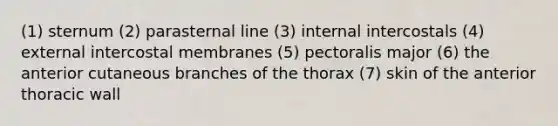 (1) sternum (2) parasternal line (3) internal intercostals (4) external intercostal membranes (5) pectoralis major (6) the anterior cutaneous branches of the thorax (7) skin of the anterior thoracic wall